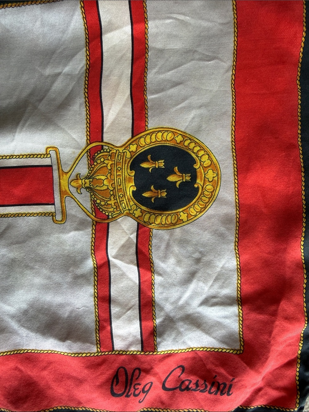 vintage Oleg Cassini silk scarf featuring gold crest with three fleur-de-lis